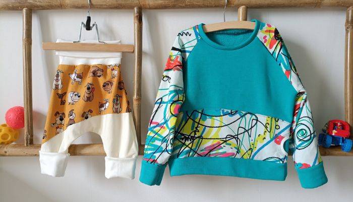 vêtement évolutifs : sarouel et sweat bébé et enfant photo d'un sarouel et un sweat évolutif pour bébé et enfant