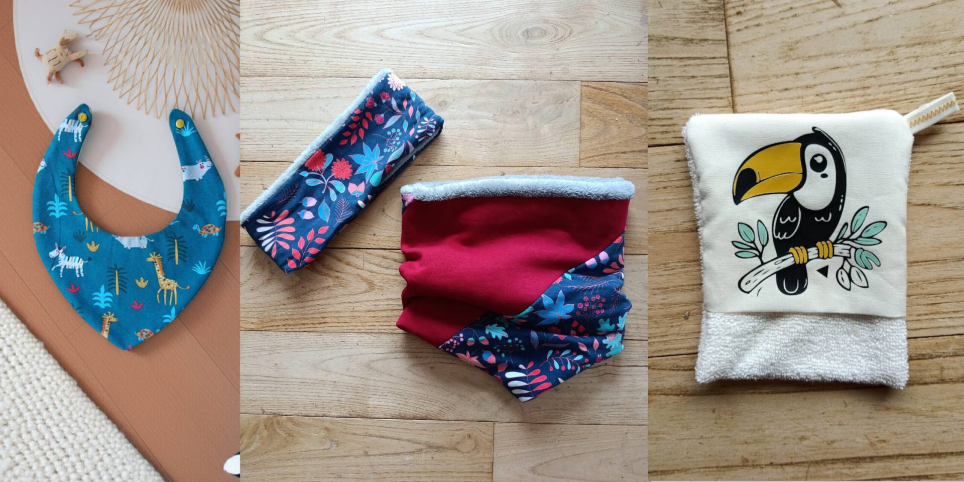 Carrousel accessoires Carrousel accessoires : photo d'un bavoir bandana bébé motifs animaux, snood bordeaux et fleurs fond bleu marine, cache oreilles assorti, débarbouillette avec motif toucan