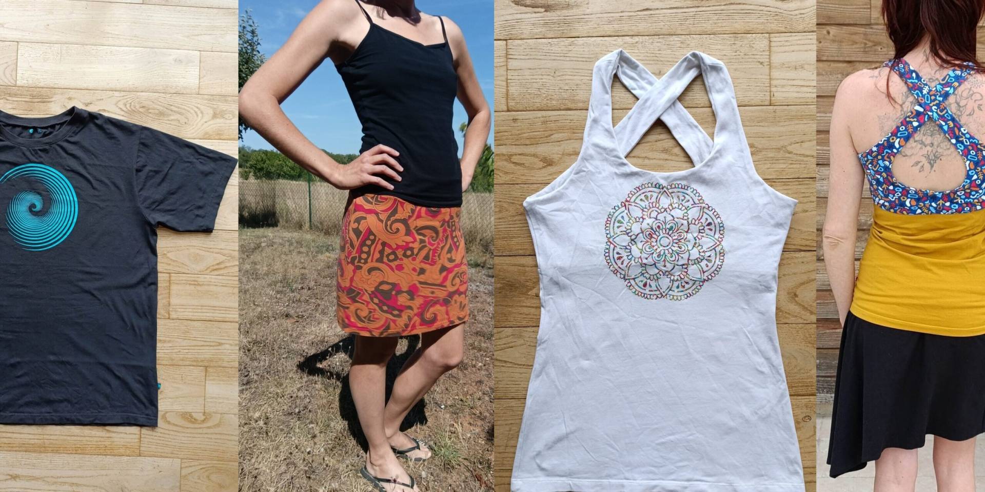 Carrousel vêtements adulte Caroussel vêtements adultes : photo tee shirt homme transfert mandala turquoise, jupe femme orange vintage courte, débardeur blanc dos croisé motif mandala, débardeur dos croisé de dos couleur moutarde et haut du dos motifs colorés