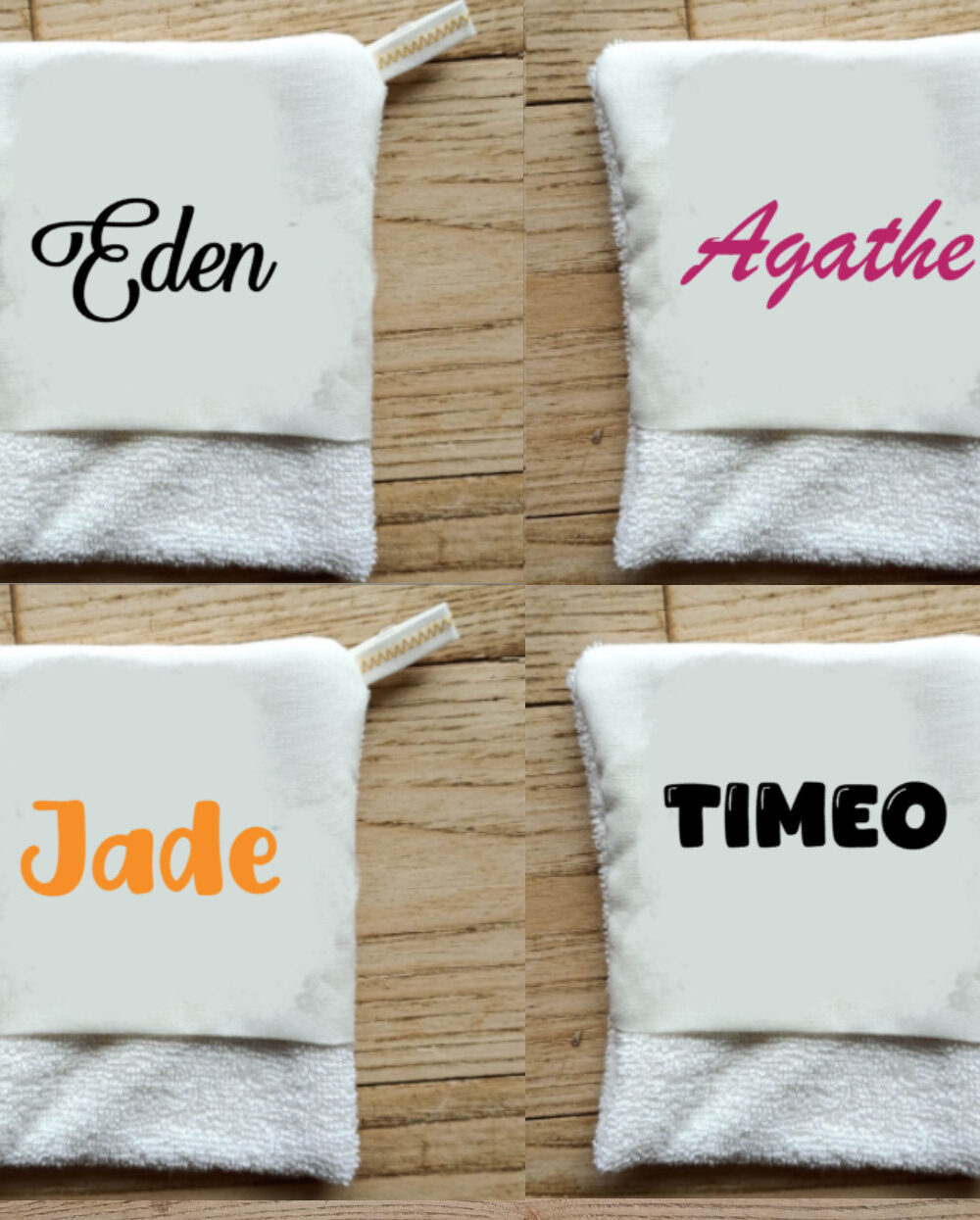 photo gants débarbouillettes bébé personnalisables (prénom Eden, Agathe, Jade, Timéo)
