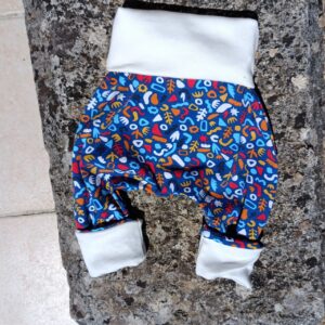 sarouel évolutif bébé début de taille, motifs colorés et ceinture écrue