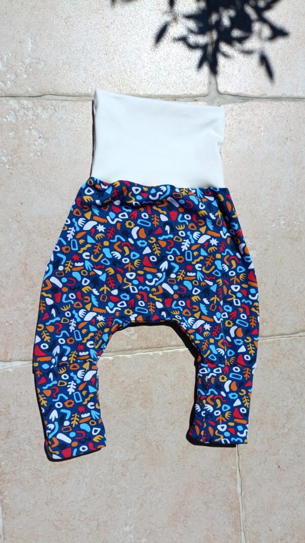 sarouel évolutif bébé fin de taille, motifs colorés et ceinture écrue