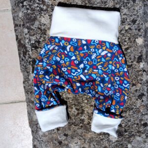 sarouel évolutif bébé début de taille, motifs colorés et ceinture écrue