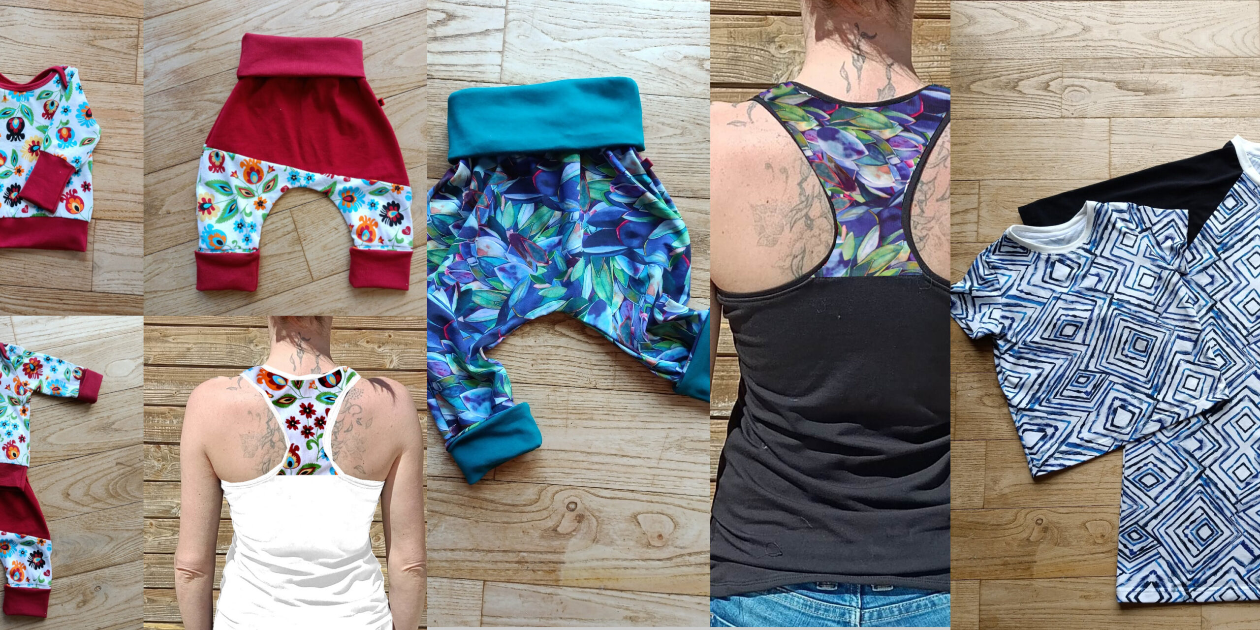 carrousel looks assortis : tee-shirt, sarouel, ensemble bébé fleurs de printemps, sarouel et débardeur pétales bleus et tee-shirt homme et enfant losange