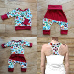 différents vêtements assortis feurs de printemps : tee-shirt bébé, sarouel, ensemble et débardeur femme dos nageur