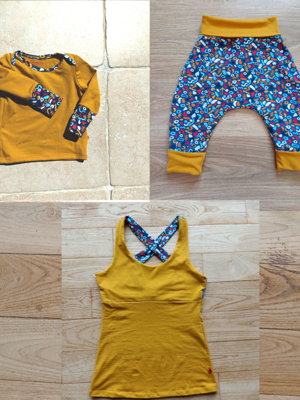 différents vêtements assortis motifs colorés : tee-shirt bébé, sarouel et débardeur femme dos croisé