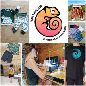 photo de présentation avec plusieurs vêtements Petit Kaméléon et le logo de la marque