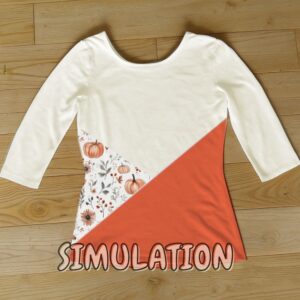 tee-shirt femme tricolore manches 3/4 - automne : avec tissu imprimé citrouilles simulation numérique