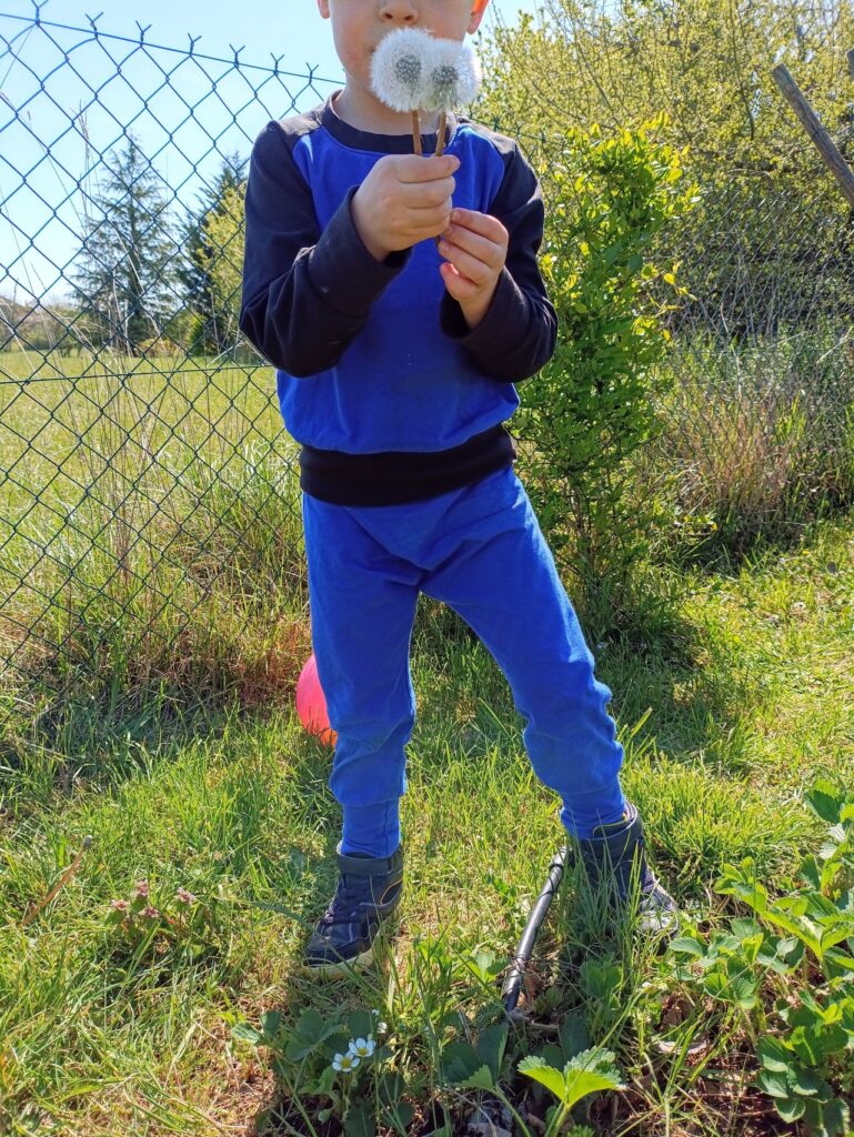 photo d'un ensemble évolutif petit kaméléon porté par un enfant dans un jardin, tenant un pisselit dans les mains
