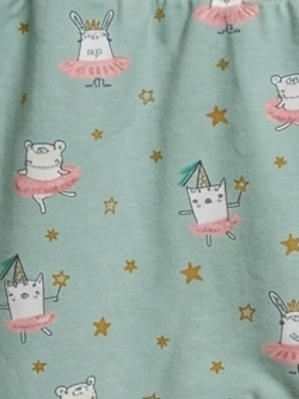 Playful fabric pattern with white animals in pink tutus dancing among yellow stars on a teal background