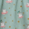 Playful fabric pattern with white animals in pink tutus dancing among yellow stars on a teal background