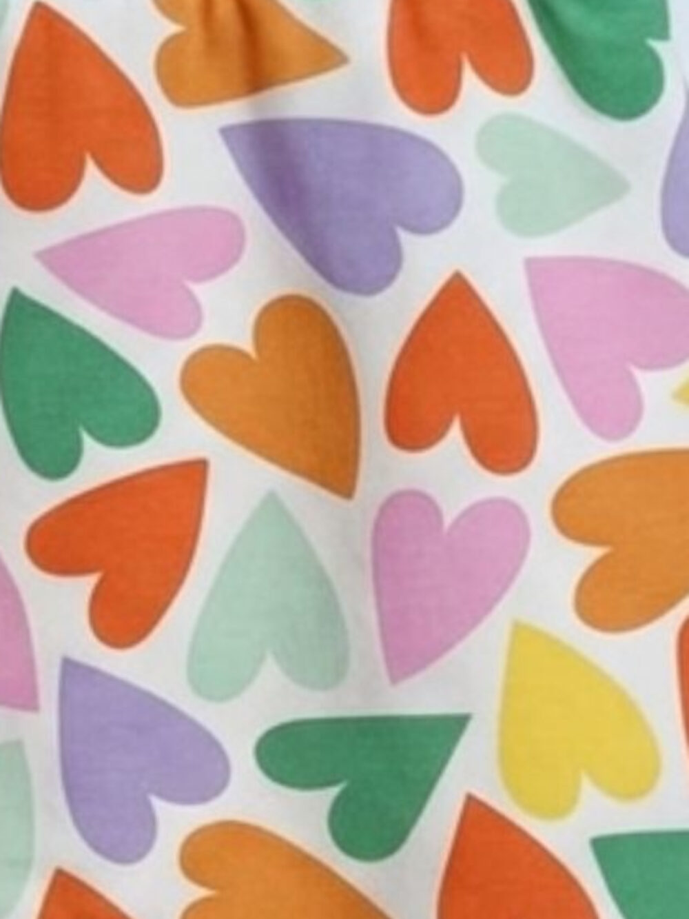 Pattern of colorful hearts scattered on a white background, with orange, pink, purple, green, and yellow hearts.
