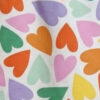 Pattern of colorful hearts scattered on a white background, with orange, pink, purple, green, and yellow hearts.