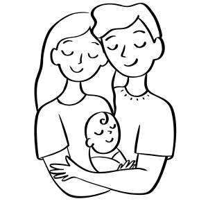 Illustration en noir et blanc représentant deux adultes enlacés tenant un bébé dans leurs bras. Les trois personnages ont les yeux fermés et affichent une expression paisible.