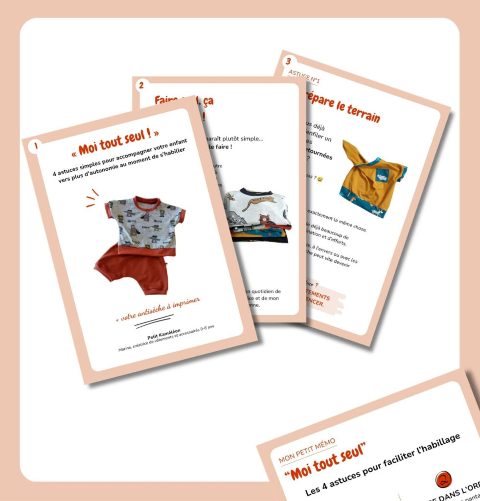 Aperçu de plusieurs pages du guide « Moi tout seul ! », consacré aux astuces pour aider l’enfant à s’habiller de façon plus autonome.